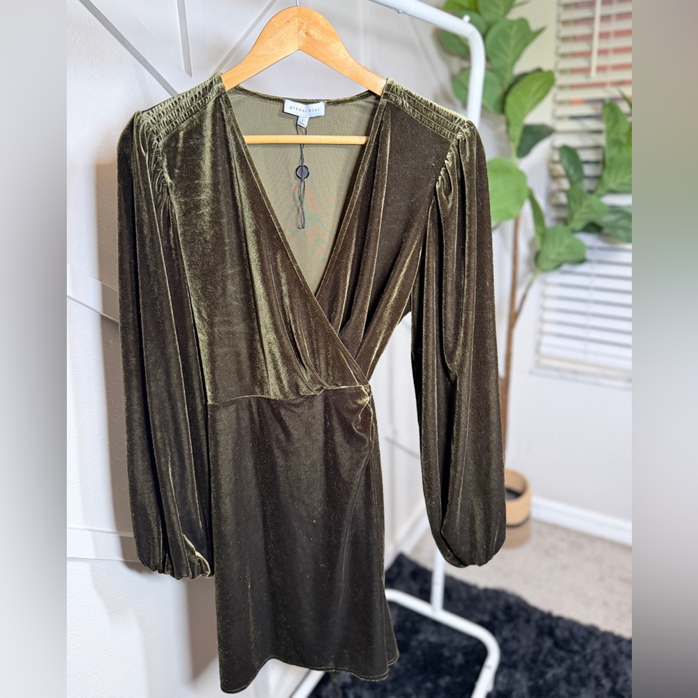 Gianni Bini Olive Green Velvet Wrap-Style Long Sleeve Dress